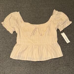 Urban Romantics Peplum Top Women's M Tan Crop Smocked Back Tie-Front Puff Sleeve